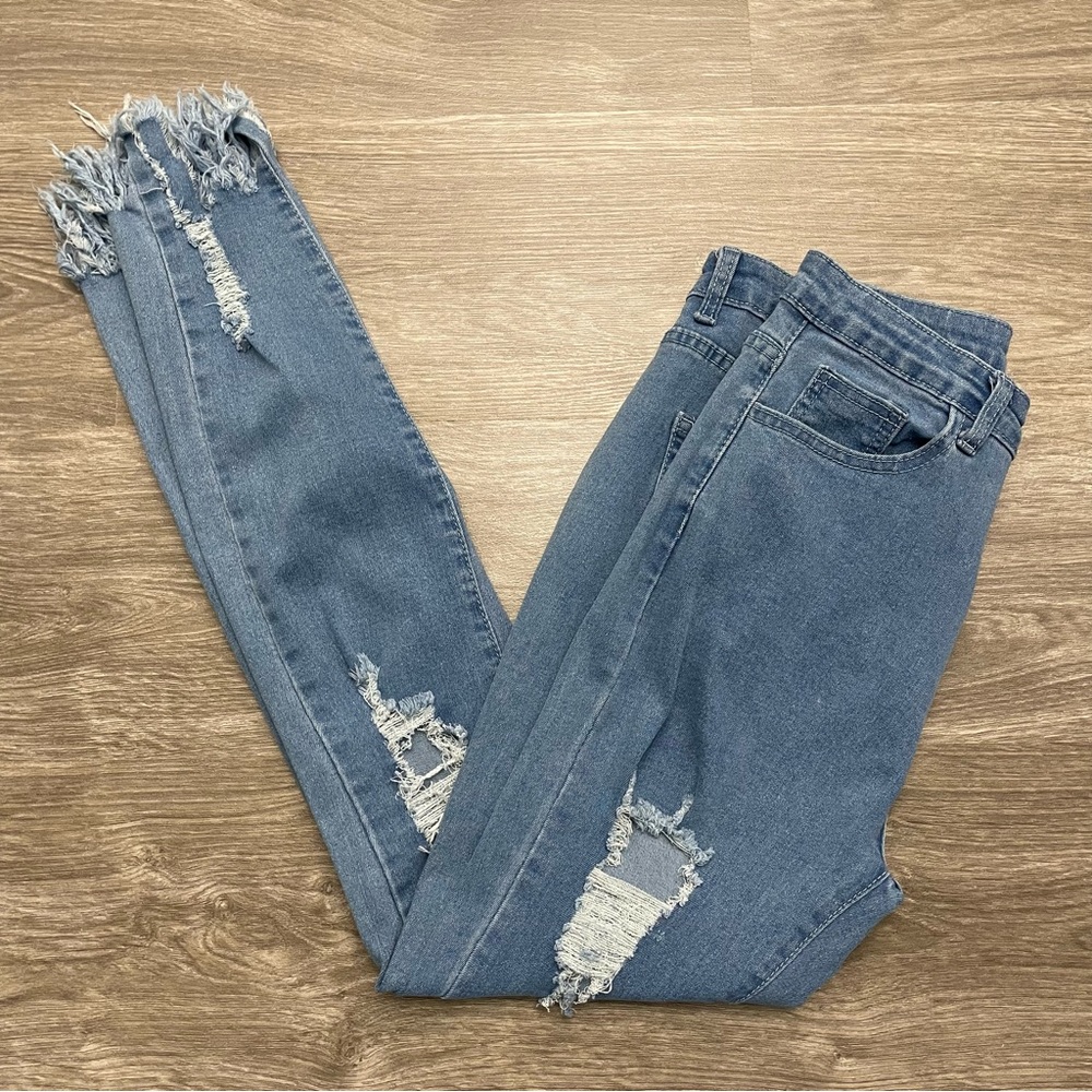 SHEIN High-Waist Ripped Raw Hem Skinny Jeans Size M